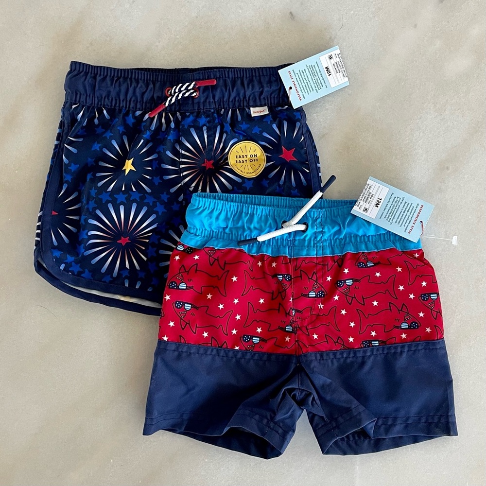 NWT 2 Cat &Jack Baby Boy Toddler Red, White, & Blue Swimsuit Trunks Size 12 mo.